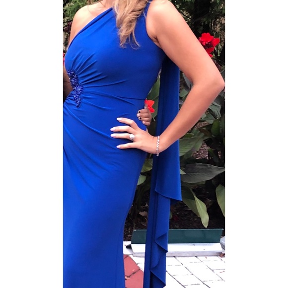 One Shoulder Beaded Brooch Draped Formal Gown - Picture 12 of 16